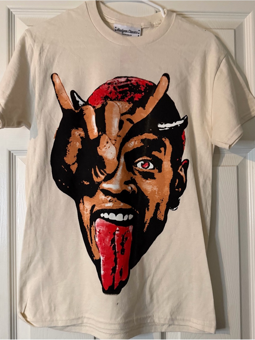 Dennis Rodman men’s Graphic Tee - Cream  Shirt with Red & Black Devil Face
